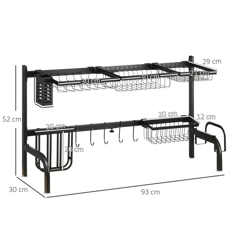 Space Saving 2 Tier Adjustable Dish Drainer Over The Sink Dish Drying Rack, Black | HOMCOM