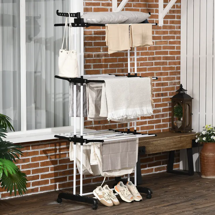 Foldable Clothes Drying Rack: 4-Tier Steel Clothes Airer with Castors, Indoor & Outdoor in Black by HOMCOM