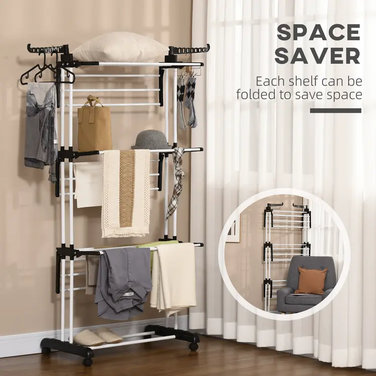 Foldable Clothes Drying Rack: 4-Tier Steel Clothes Airer with Castors, Indoor & Outdoor in Black by HOMCOM