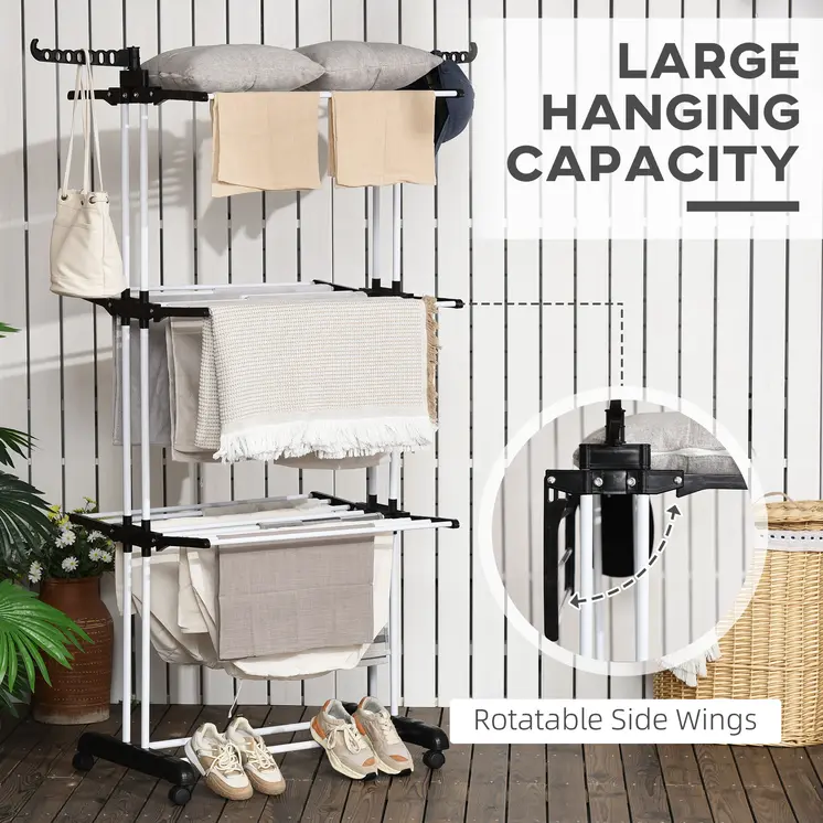 Foldable Clothes Drying Rack: 4-Tier Steel Clothes Airer with Castors, Indoor & Outdoor in Black by HOMCOM