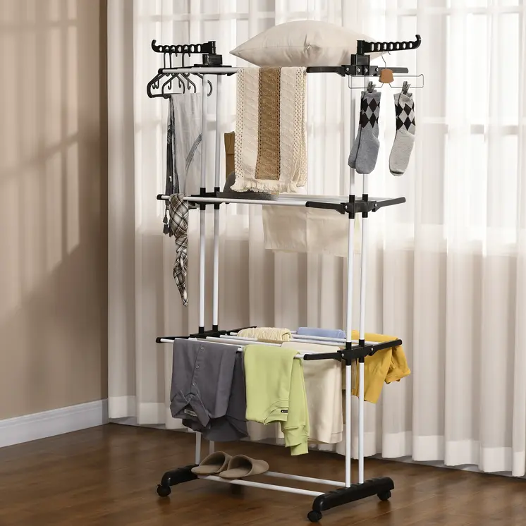 Foldable Clothes Drying Rack: 4-Tier Steel Clothes Airer with Castors, Indoor & Outdoor in Black by HOMCOM