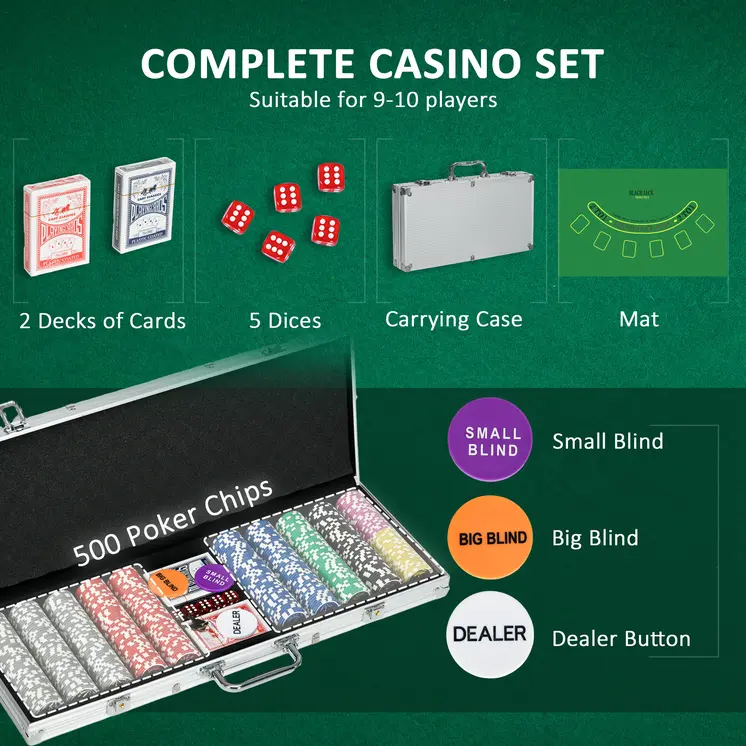 Luxury 500PCS Poker Chips Set, Complete with Gaming Mat, Chips, Dual Card Decks, Dealer Button, 5 Dice, Ultimate Game Night Kit | SPORTNOW