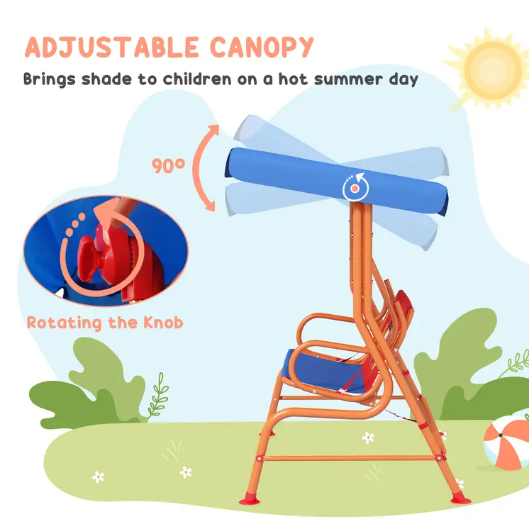 Outsunny Two Seater Kids Outdoor Garden Swing, Cowboy Themed kids Swing Chair with Adjustable Canopy, Safety Belts