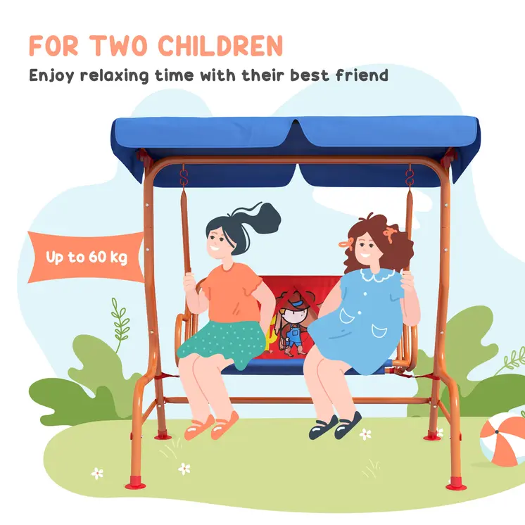 Outsunny Two Seater Kids Outdoor Garden Swing, Cowboy Themed kids Swing Chair with Adjustable Canopy, Safety Belts
