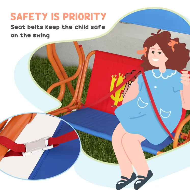 Outsunny Two Seater Kids Outdoor Garden Swing, Cowboy Themed kids Swing Chair with Adjustable Canopy, Safety Belts