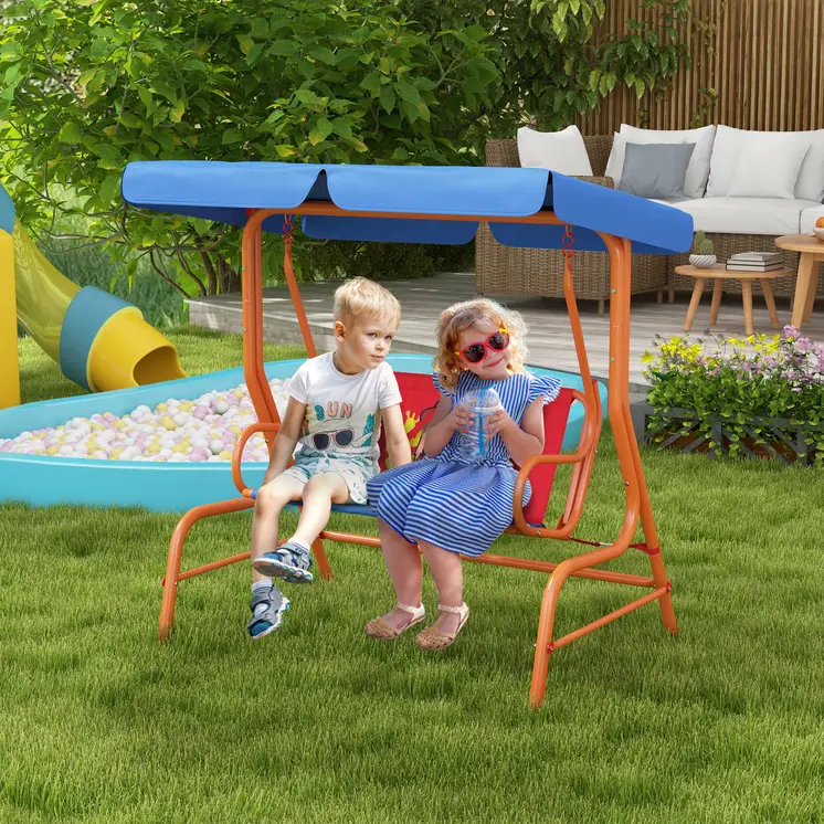Outsunny Two Seater Kids Outdoor Garden Swing, Cowboy Themed kids Swing Chair with Adjustable Canopy, Safety Belts