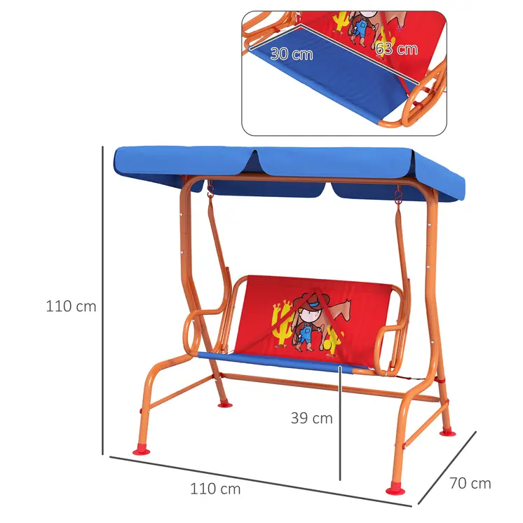 Outsunny Two Seater Kids Outdoor Garden Swing, Cowboy Themed kids Swing Chair with Adjustable Canopy, Safety Belts