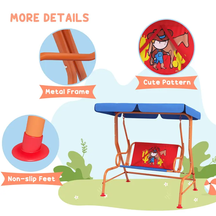 Outsunny Two Seater Kids Outdoor Garden Swing, Cowboy Themed kids Swing Chair with Adjustable Canopy, Safety Belts