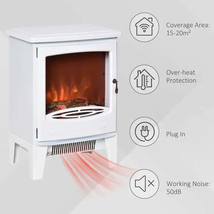 HOMCOM Electric Fireplace Stove, Free standing Fireplace Heater with Realistic Flame Effect, Overheat Safety Protection, 900W/1800W, White