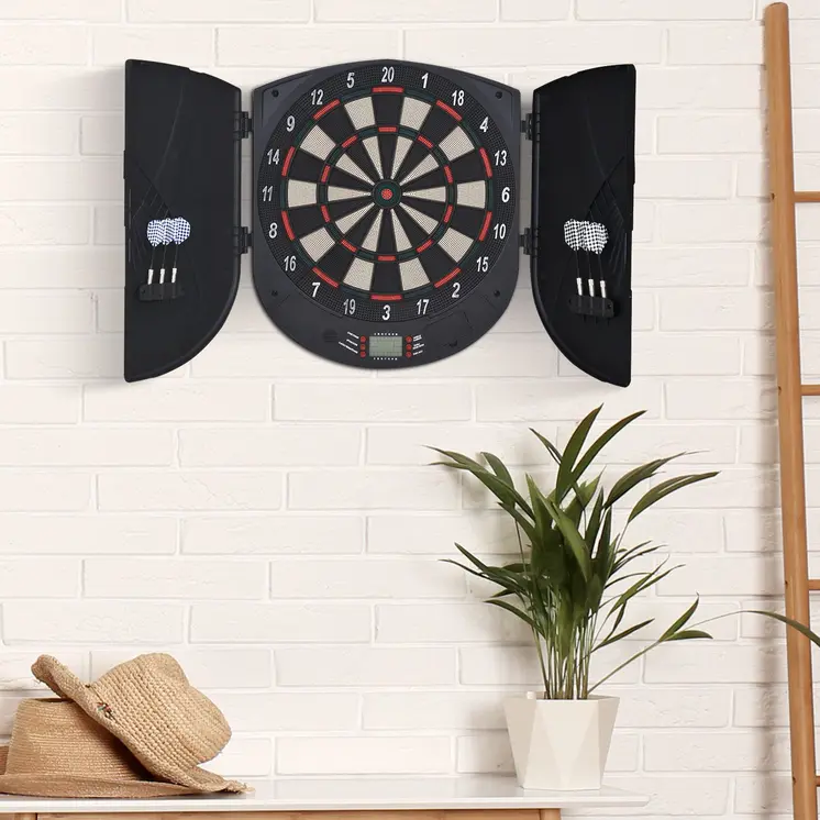 HOMCOM Electronic Dartboard Set 26 Games and 185 Variations with 6 Darts and Cabinet to Stroage Multi-Game Option Ready-to-Play