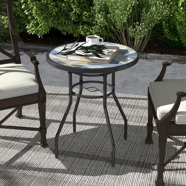 Garden Table with Tempered Glass Top, Printed Design, Steel Frame, for Porch, Multicolour | Outsunny