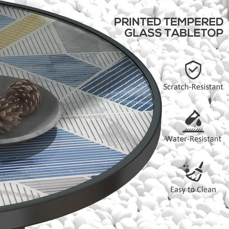 Garden Table with Tempered Glass Top, Printed Design, Steel Frame, for Porch, Multicolour | Outsunny