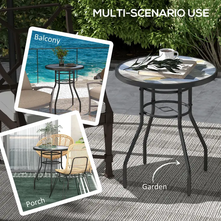 Garden Table with Tempered Glass Top, Printed Design, Steel Frame, for Porch, Multicolour | Outsunny