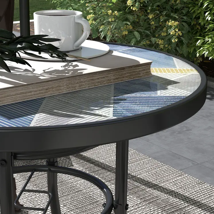Garden Table with Tempered Glass Top, Printed Design, Steel Frame, for Porch, Multicolour | Outsunny