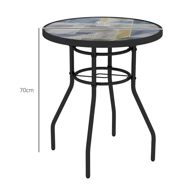 Garden Table with Tempered Glass Top, Printed Design, Steel Frame, for Porch, Multicolour | Outsunny