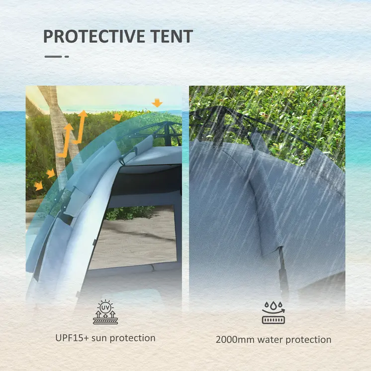 Pop Up Beach Tent for 2-3 Persons, UPF15+ Sun Protection Shelter with Extended Groundsheet, Sandbags, Light Blue | Outsunny