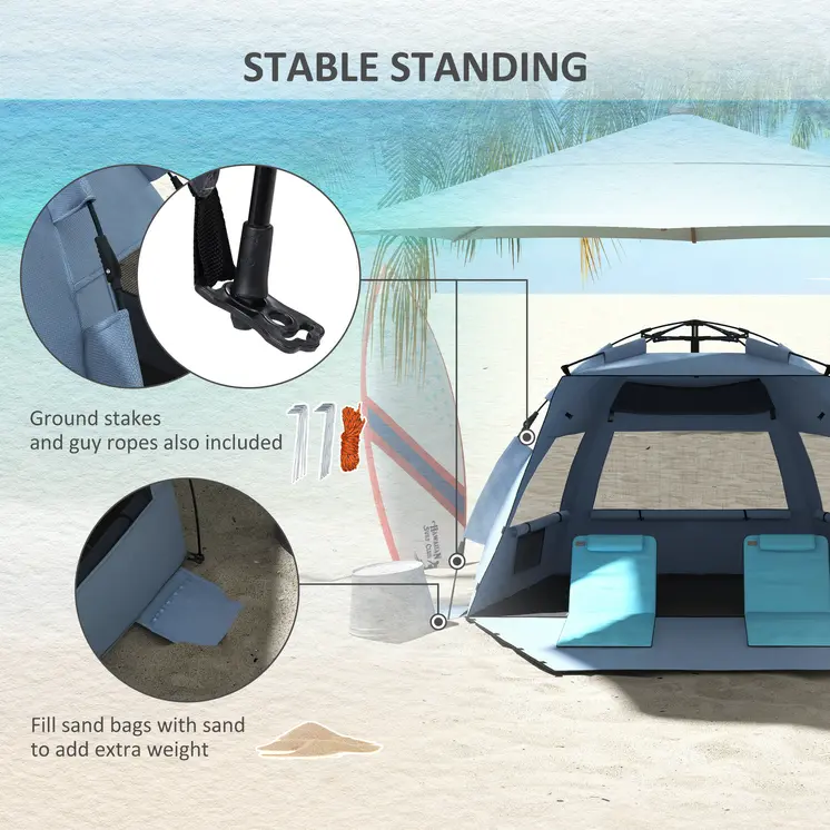 Pop Up Beach Tent for 2-3 Persons, UPF15+ Sun Protection Shelter with Extended Groundsheet, Sandbags, Light Blue | Outsunny