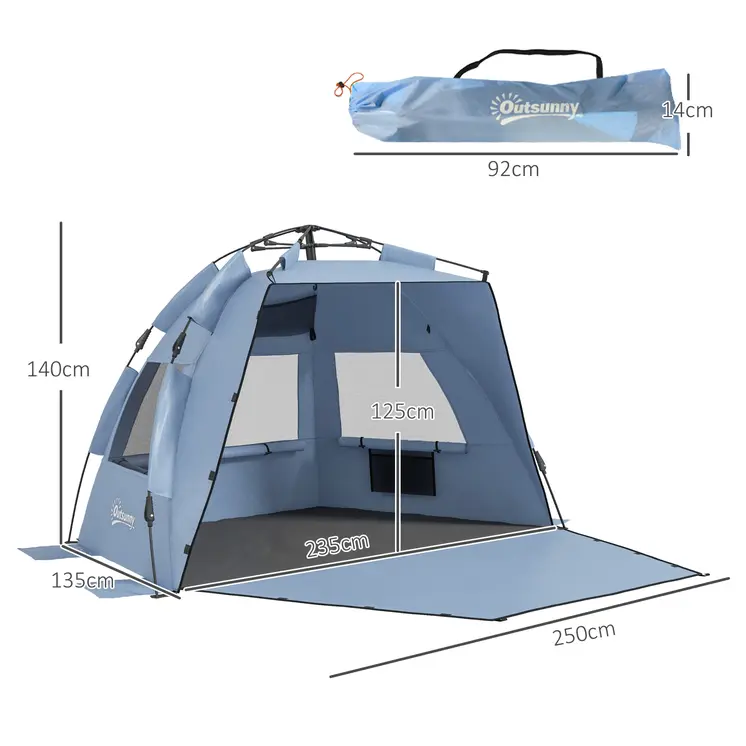 Pop Up Beach Tent for 2-3 Persons, UPF15+ Sun Protection Shelter with Extended Groundsheet, Sandbags, Light Blue | Outsunny