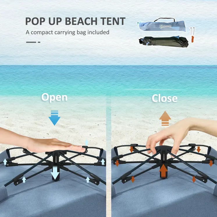 Pop Up Beach Tent for 2-3 Persons, UPF15+ Sun Protection Shelter with Extended Groundsheet, Sandbags, Light Blue | Outsunny