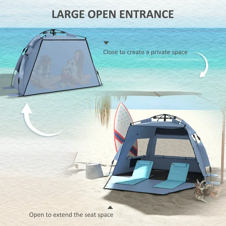 Pop Up Beach Tent for 2-3 Persons, UPF15+ Sun Protection Shelter with Extended Groundsheet, Sandbags, Light Blue | Outsunny