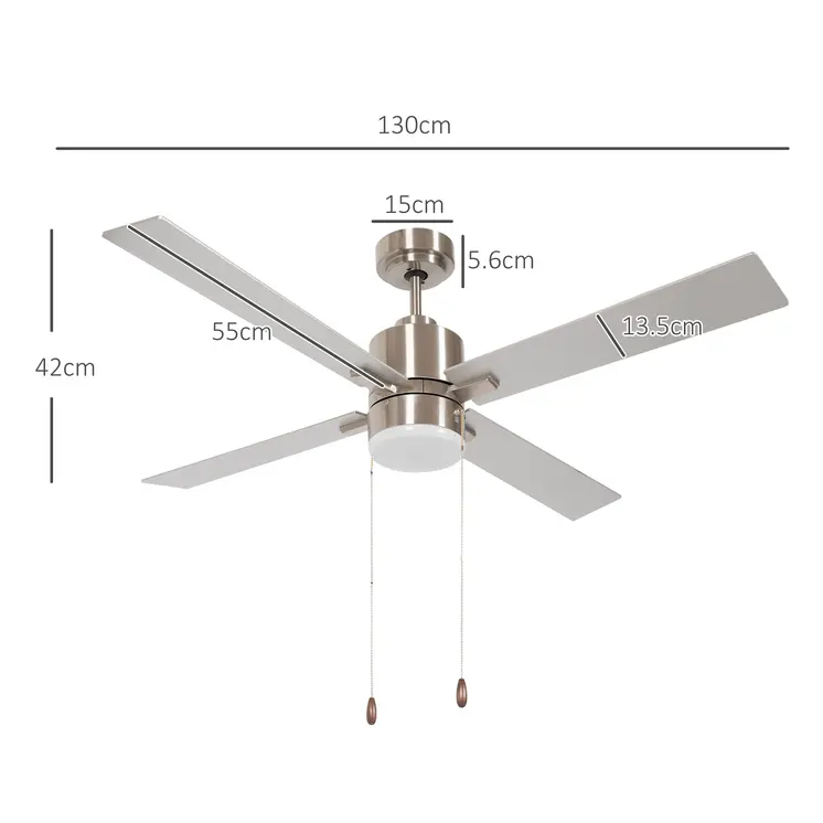Ceiling Fan with LED Light, Flush Mount Ceiling Fan Lights with Reversible Blades, Pull-chain, Silver and Natural Tone by HOMCOM