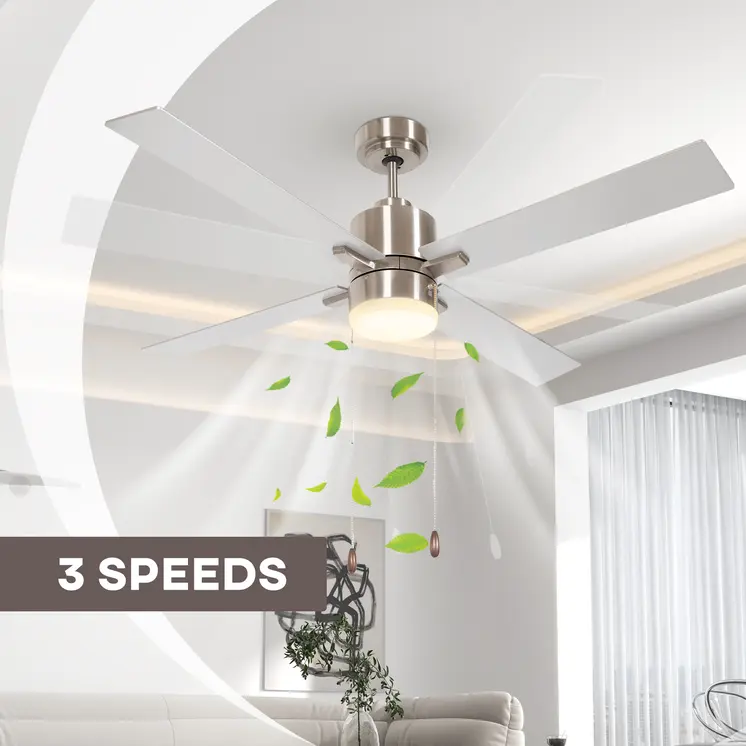Ceiling Fan with LED Light, Flush Mount Ceiling Fan Lights with Reversible Blades, Pull-chain, Silver and Natural Tone by HOMCOM