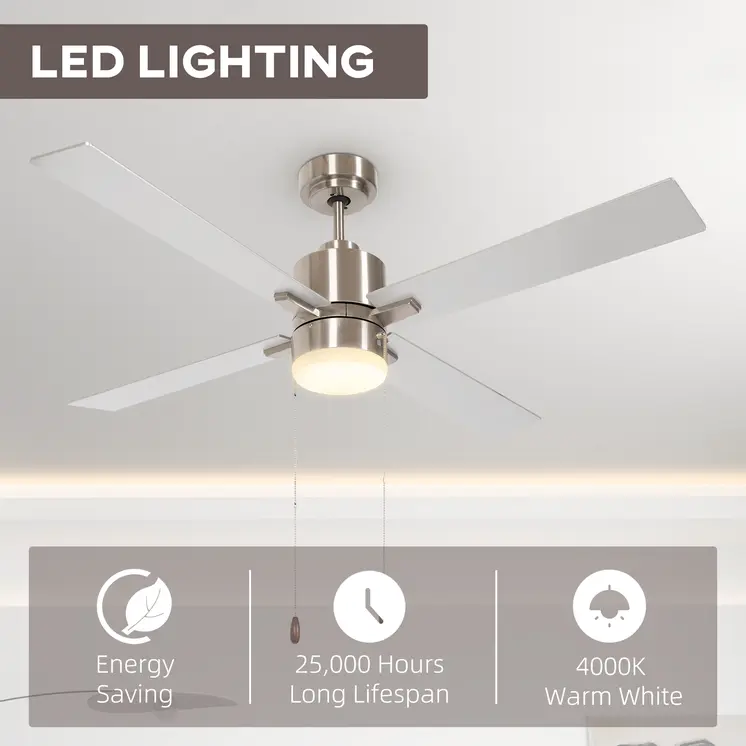 Ceiling Fan with LED Light, Flush Mount Ceiling Fan Lights with Reversible Blades, Pull-chain, Silver and Natural Tone by HOMCOM