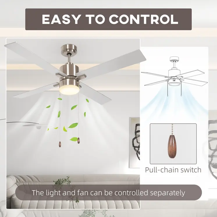 Ceiling Fan with LED Light, Flush Mount Ceiling Fan Lights with Reversible Blades, Pull-chain, Silver and Natural Tone by HOMCOM