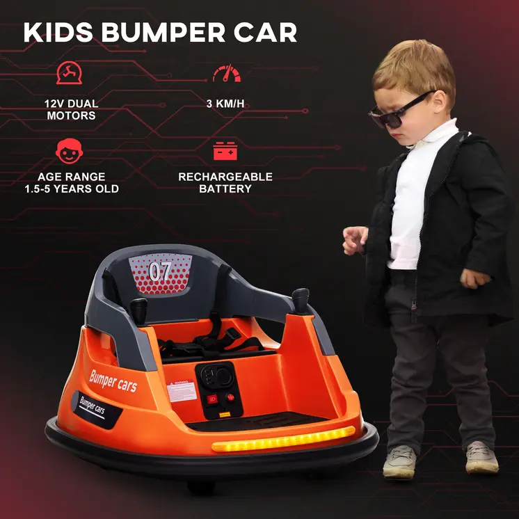 Bumper Car, 360° Rotation Spin 12V Kids Electric Car with Lights, Music, for Ages 1.5-5 Years - Orange | HOMCOM