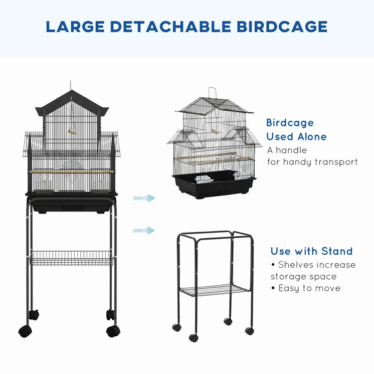 Bird Cage with Stand, Swing Perch and Food Tray, Metal Aviary for Finch Canary Budgie, 50.5 x 40 x 63cm, Black by PawHut