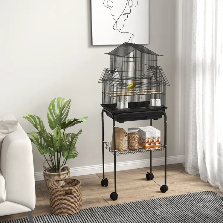 Bird Cage with Stand, Swing Perch and Food Tray, Metal Aviary for Finch Canary Budgie, 50.5 x 40 x 63cm, Black by PawHut