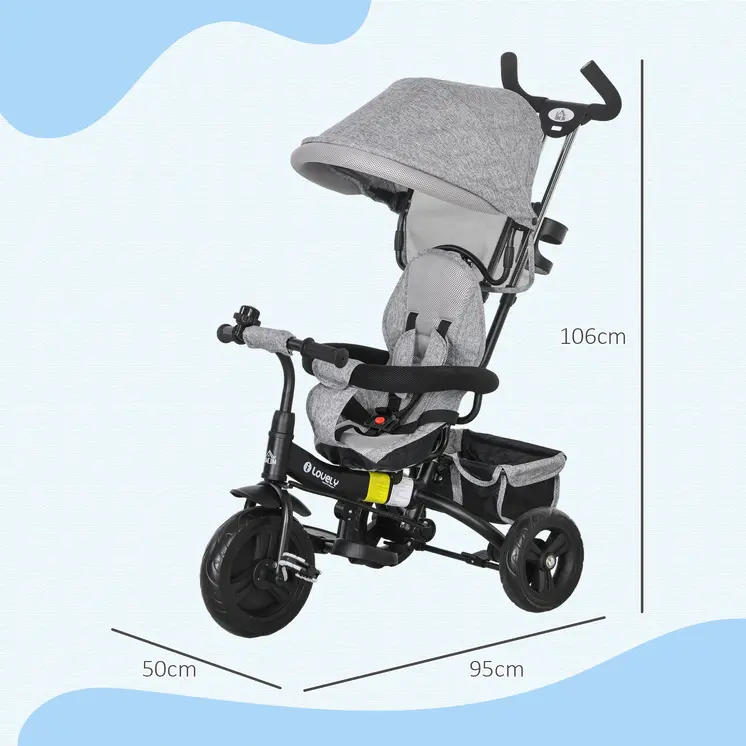 4 in 1 Kids Trike Push Bike with Push Handle, Canopy, 5-point Safety Belt, Storage, Footrest, Brake, for 1-5 Years in Grey | HOMCOM