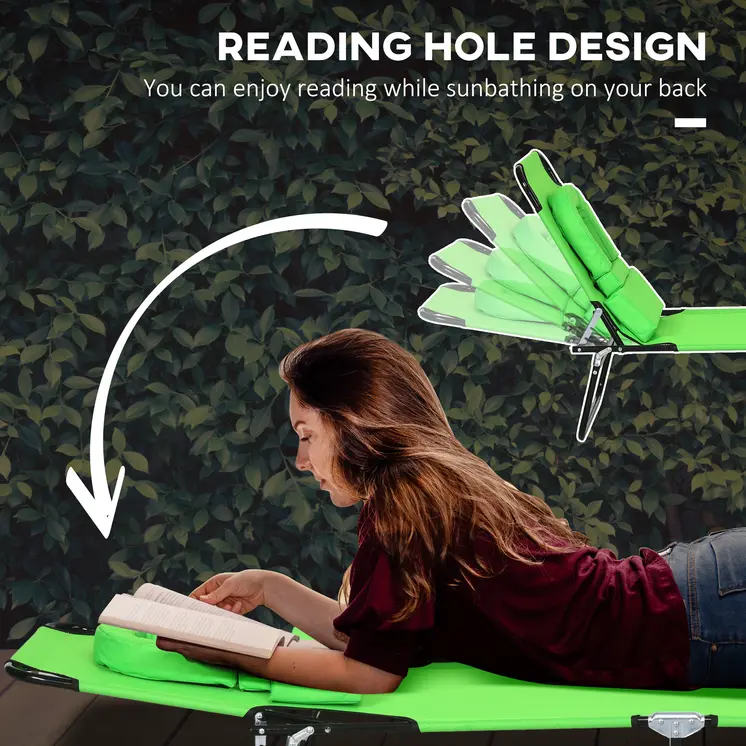 Foldable Sun Lounger Duo, Adjustable 4-Level Backrest, Comfort Pillow & Reading Slot, Easy Storage, Vibrant Green | Outsunny