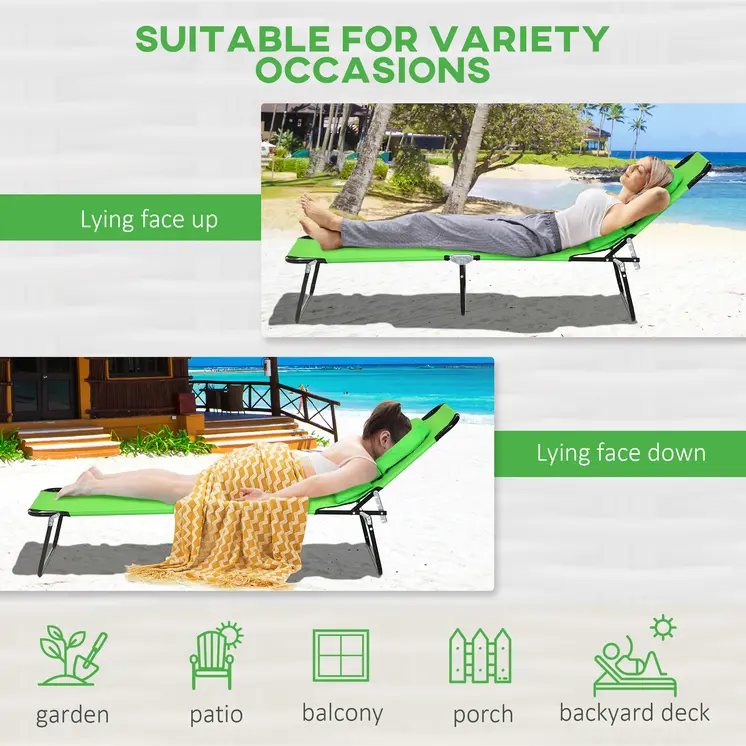 Foldable Sun Lounger Duo, Adjustable 4-Level Backrest, Comfort Pillow & Reading Slot, Easy Storage, Vibrant Green | Outsunny