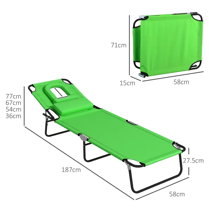 Foldable Sun Lounger Duo, Adjustable 4-Level Backrest, Comfort Pillow & Reading Slot, Easy Storage, Vibrant Green | Outsunny