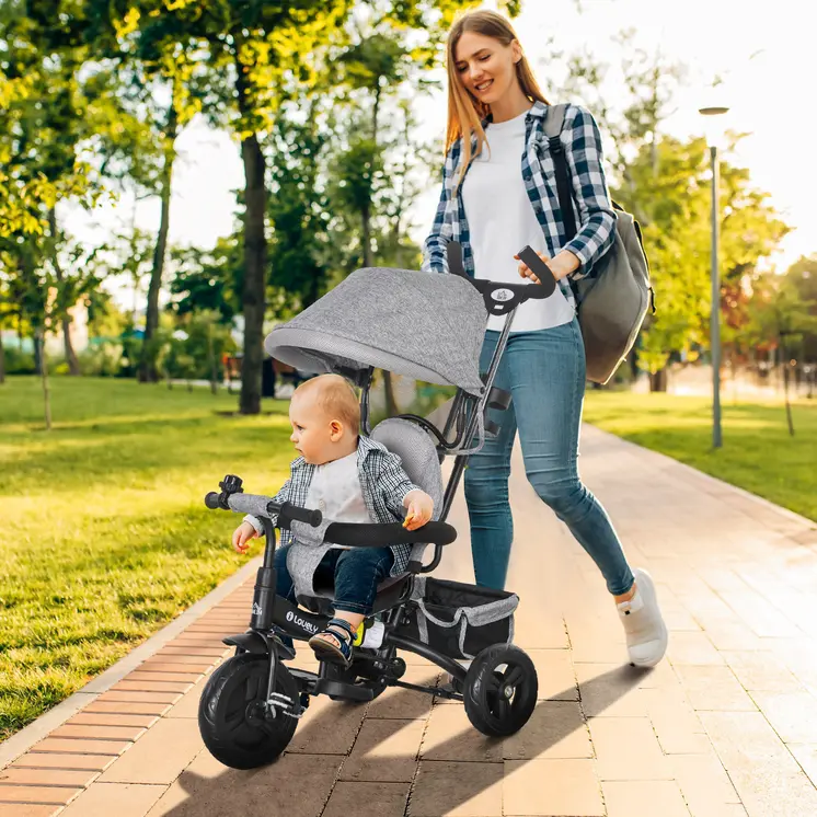 4 in 1 Kids Trike Push Bike with Push Handle, Canopy, 5-point Safety Belt, Storage, Footrest, Brake, for 1-5 Years in Grey | HOMCOM