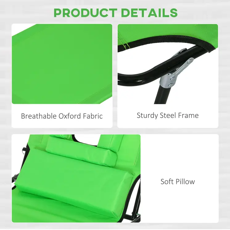 Foldable Sun Lounger Duo, Adjustable 4-Level Backrest, Comfort Pillow & Reading Slot, Easy Storage, Vibrant Green | Outsunny