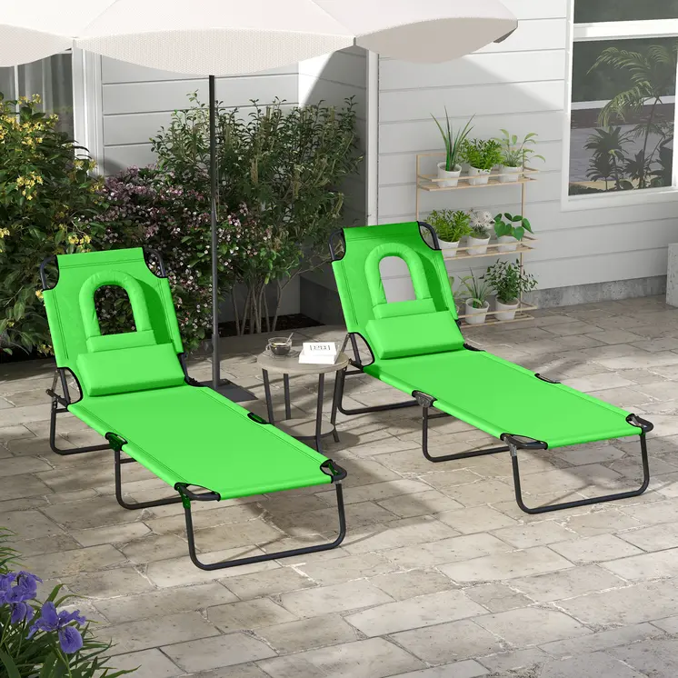 Foldable Sun Lounger Duo, Adjustable 4-Level Backrest, Comfort Pillow & Reading Slot, Easy Storage, Vibrant Green | Outsunny