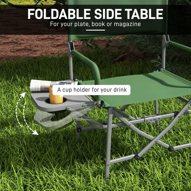 Folding Director's Chair, Portable Camping Chair with Side Table, Durable Outdoor Seating, Green | Outsunny