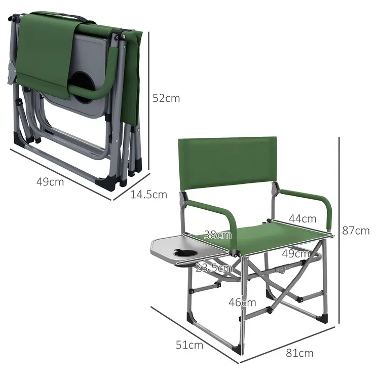Folding Director's Chair, Portable Camping Chair with Side Table, Durable Outdoor Seating, Green | Outsunny