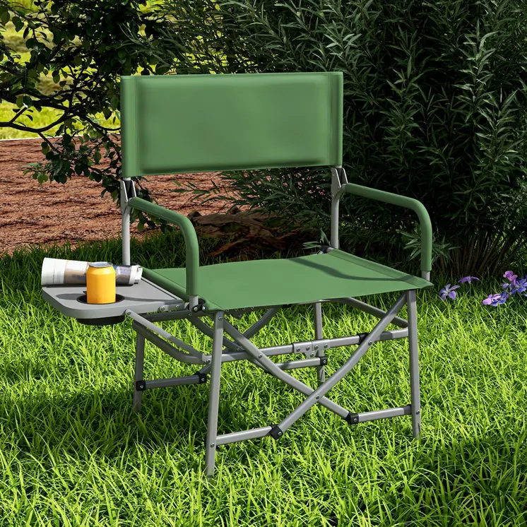 Folding Director's Chair, Portable Camping Chair with Side Table, Durable Outdoor Seating, Green | Outsunny