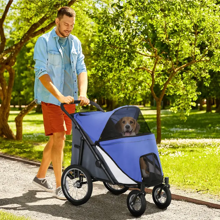 Foldable Pet Stroller, with Washable Cushion, Storage Bags, Safety Leash, for Medium, Large Dogs, Catts, Travel - Blue | PawHut