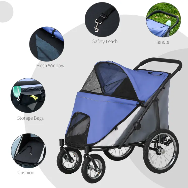 Foldable Pet Stroller, with Washable Cushion, Storage Bags, Safety Leash, for Medium, Large Dogs, Catts, Travel - Blue | PawHut
