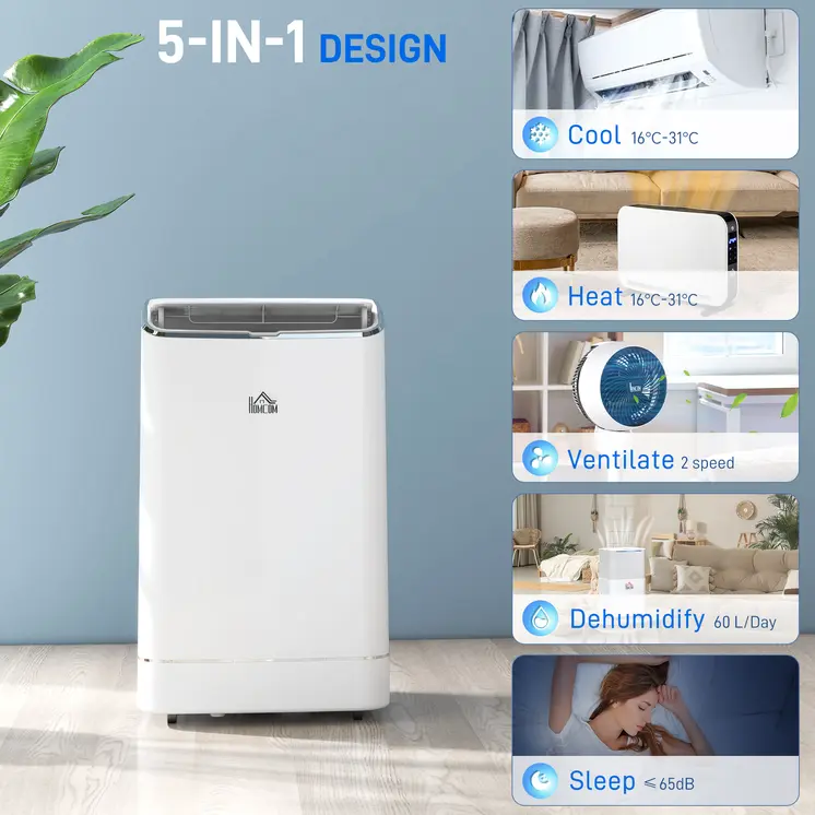 5-in-1 Portable AC Unit 14,000 BTU, with APP & Remote Control, Dehumidifier, Heater, Cooler, 24 Hour Timer, Self-evaporating System by HOMCOM