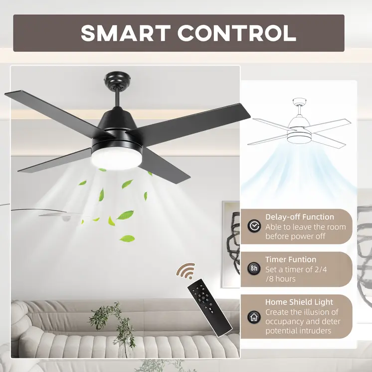 Ceiling Fan with LED Light, Flush Mount Ceiling Fan Lights with Reversible Blades, Remote, Black and Walnut Brown | HOMCOM