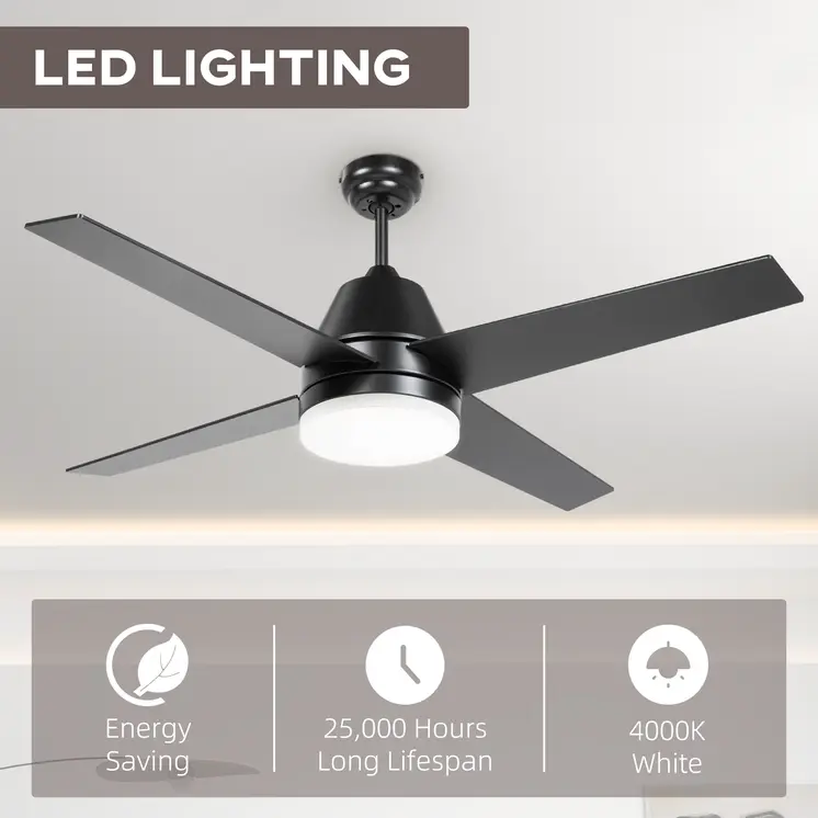 Ceiling Fan with LED Light, Flush Mount Ceiling Fan Lights with Reversible Blades, Remote, Black and Walnut Brown | HOMCOM