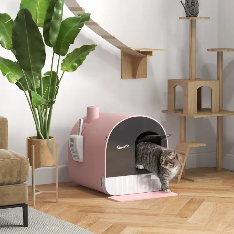 Hooded Cat Litter Box, Kitten Litter Tray, with Lid, Scoop, Filter, Flap Door, Pink | PawHut
