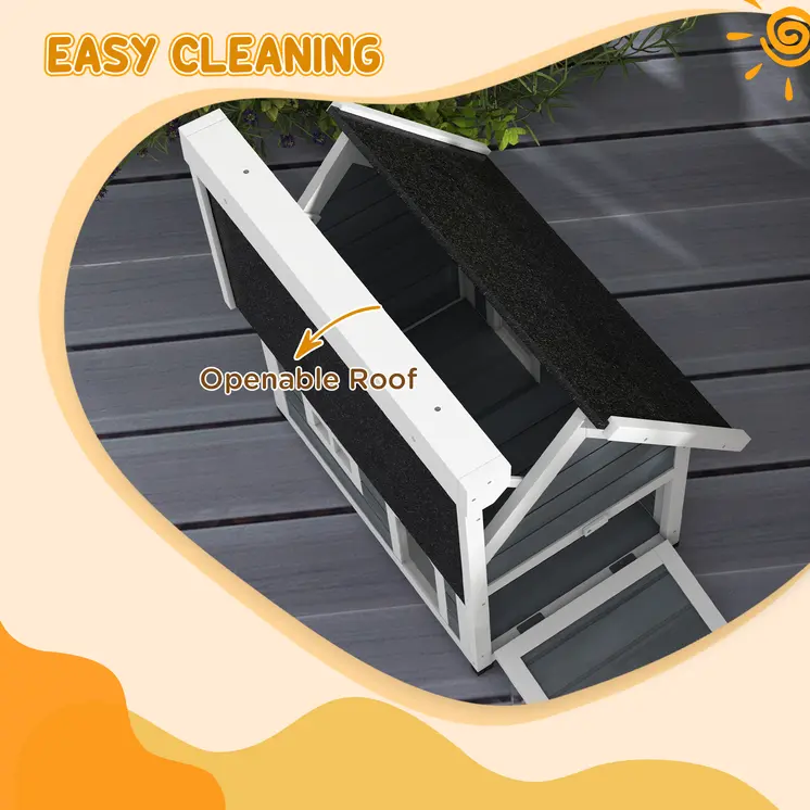 Outdoor Cat House, Wooden Feral Cat Shelter Waterproof Hide House with Openable Asphalt Roof and Three Doors, 77 x 57.5 x 68cm, Grey | PawHut
