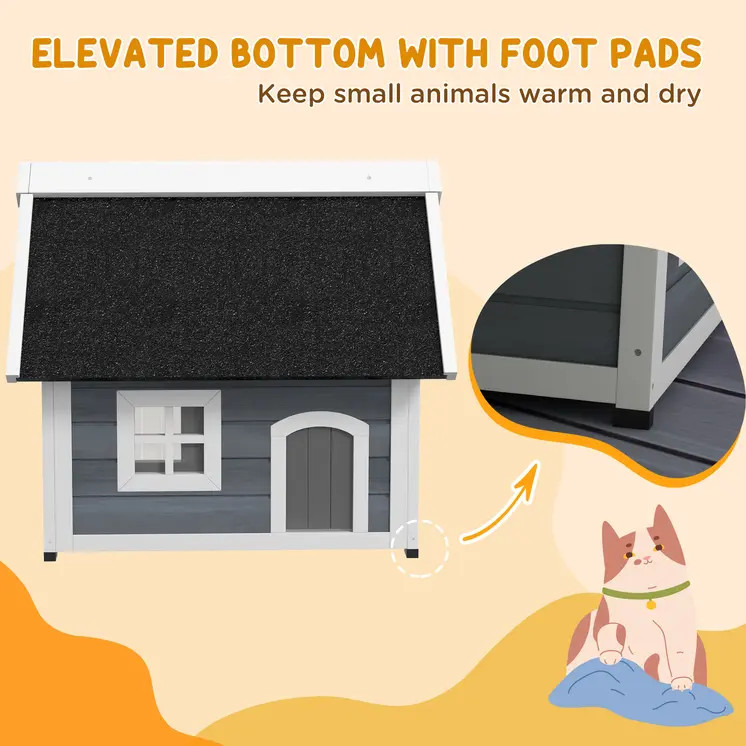 Outdoor Cat House, Wooden Feral Cat Shelter Waterproof Hide House with Openable Asphalt Roof and Three Doors, 77 x 57.5 x 68cm, Grey | PawHut