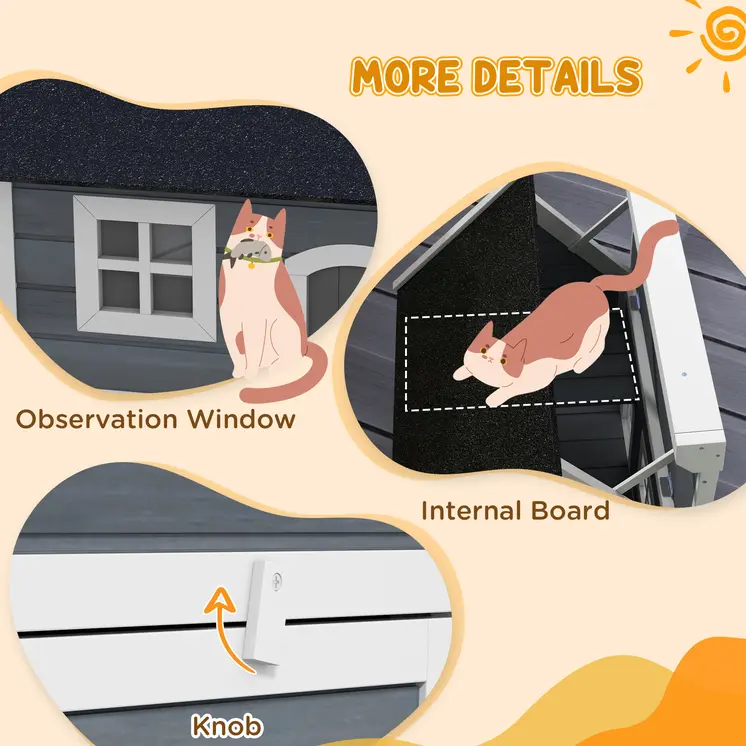 Outdoor Cat House, Wooden Feral Cat Shelter Waterproof Hide House with Openable Asphalt Roof and Three Doors, 77 x 57.5 x 68cm, Grey | PawHut